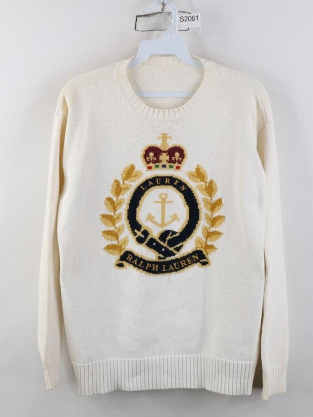 Vtg 90s Ralph Lauren Womens Medium Spell Out Crown Crest Knit Crewneck Sweater
